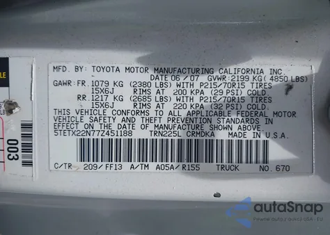 2007 Toyota Tacoma z USA, uszkodzony, nr VIN 5TETX22N77Z451188